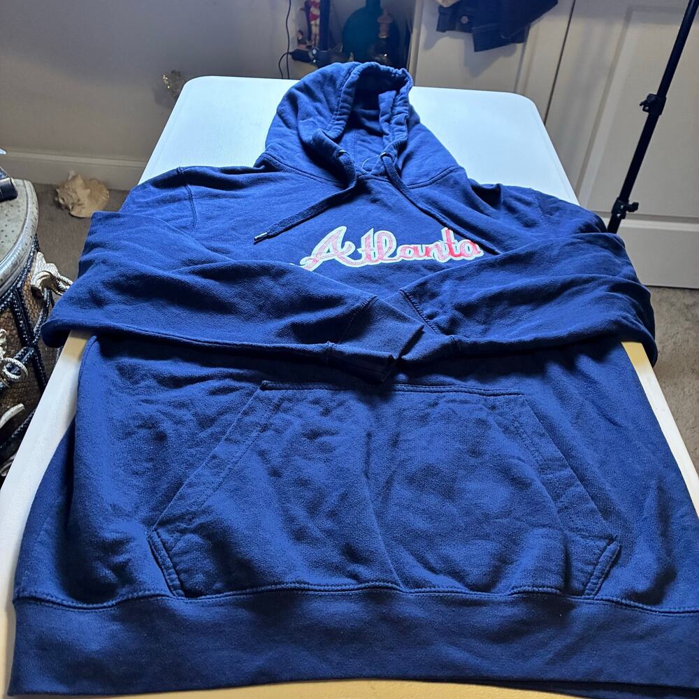 Atlanta Braves Hoodie Large Navy Script Logo Pullover MLB Genuine Merchandise